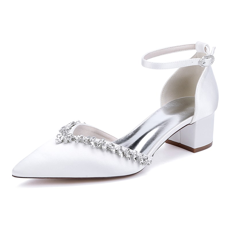 Elegant white wedding ankle strap heels for bride with a decorative crystal embellishment