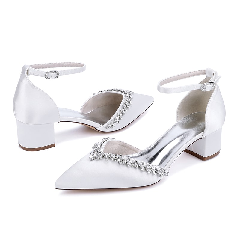 Elegant wedding ankle strap heels for bride with embellished front in white satin finish