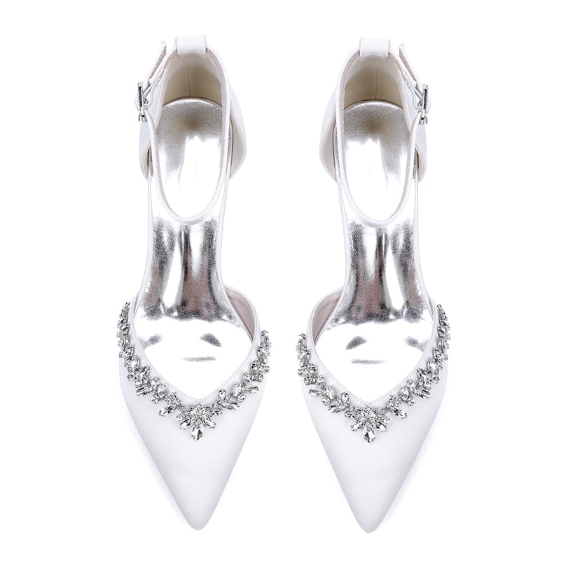 Elegant wedding ankle strap heels for bride with jeweled embellishments and a sleek pointed toe design