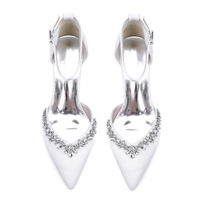 Elegant wedding ankle strap heels for bride with jeweled embellishments and a sleek pointed toe design