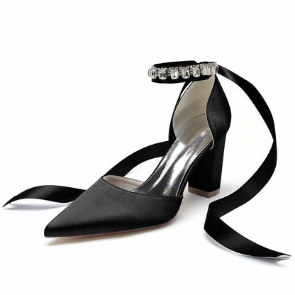 Elegant S&DCo. wedding chunky heel shoes for women with satin finish and decorative ankle strap