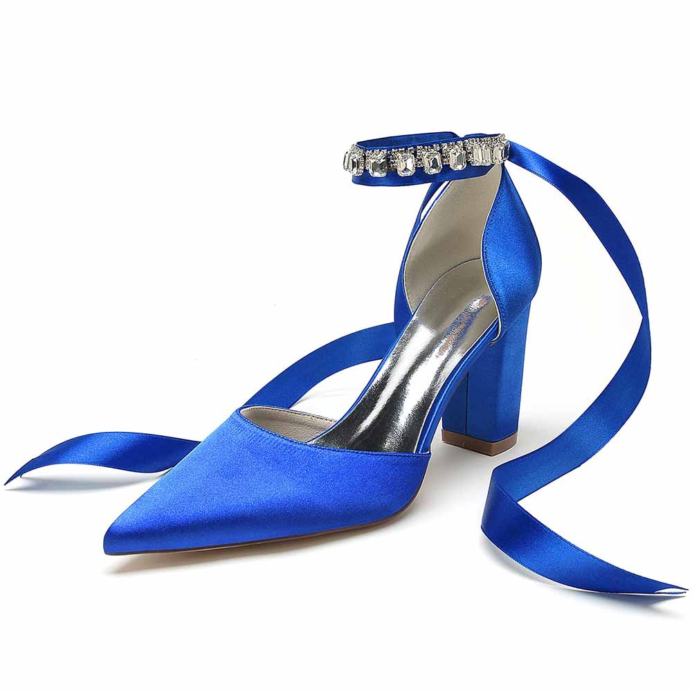Elegant blue satin wedding chunky heel shoes for women with ankle ribbon and embellished strap