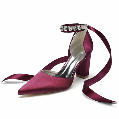 S&DCo. Burgundy Wedding Chunky Heel Shoes for Women with Sparkling Ankle Strap and Satin Finish