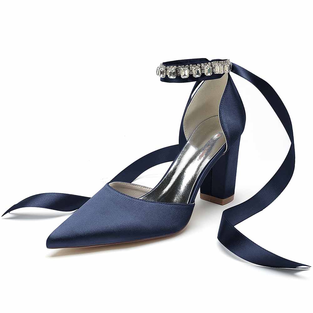 Navy blue wedding chunky heel shoes for women with ankle ribbons and a jeweled strap design