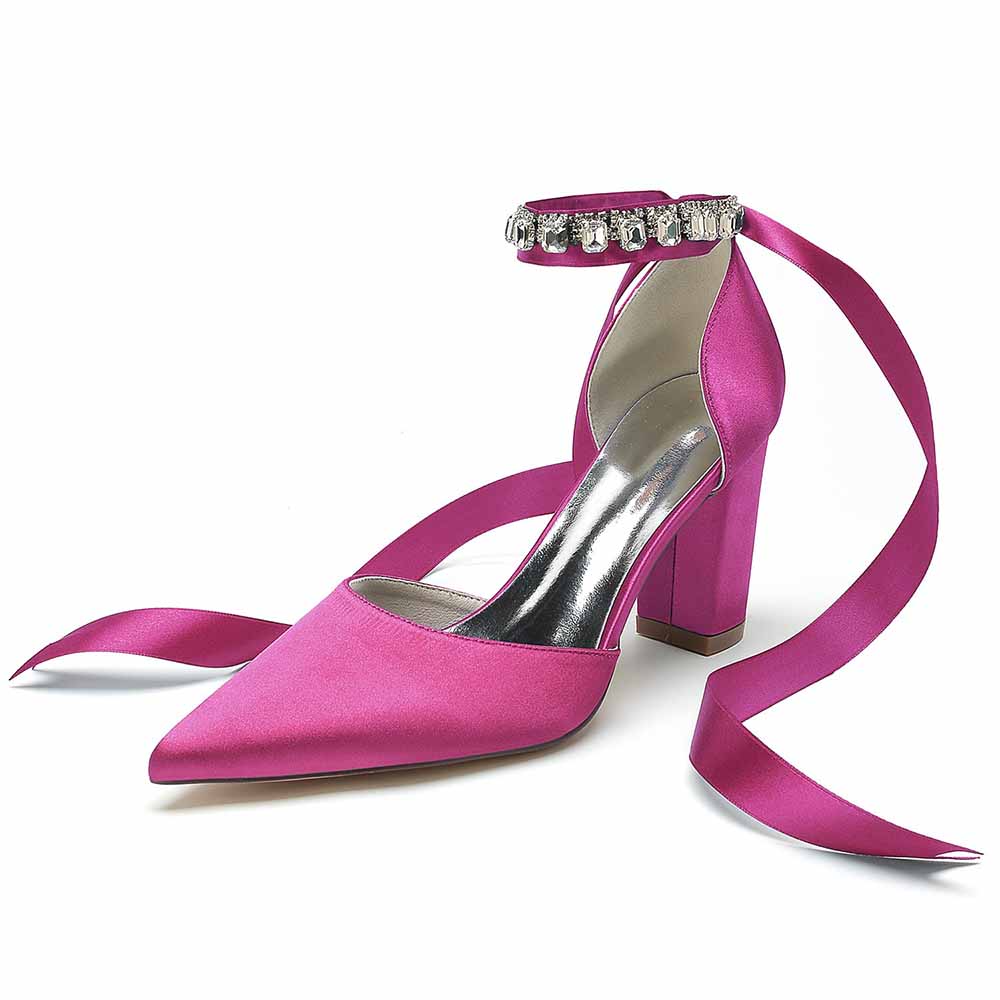 S&DCo. Pink Wedding Chunky Heel Shoes for Women with Elegant Ribbon and Glitter Strap