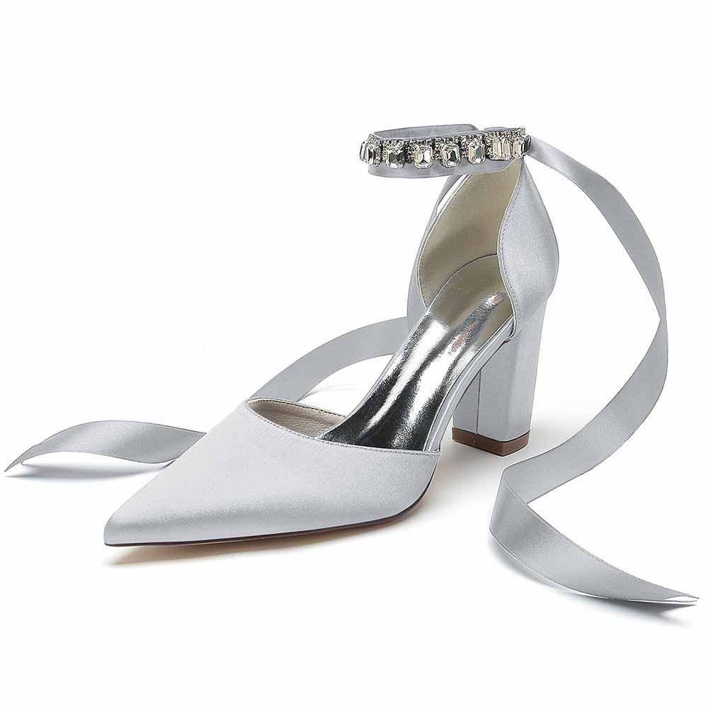 Elegant satin wedding chunky heel shoes for women with an ankle strap and decorative embellishments