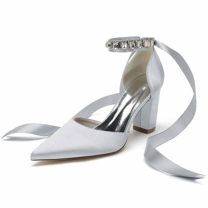 Elegant satin wedding chunky heel shoes for women with an ankle strap and decorative embellishments