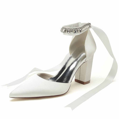 Elegant white wedding chunky heel shoes for women with ankle strap and ribbon detail