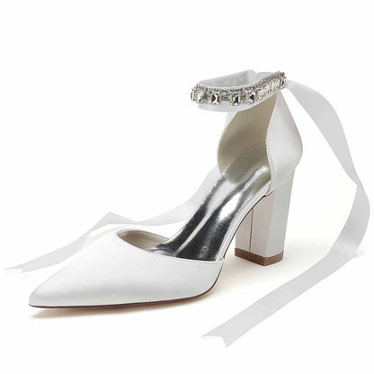 Elegant S&DCo. wedding chunky heel shoes for women with ankle strap and ribbon detail in white satin