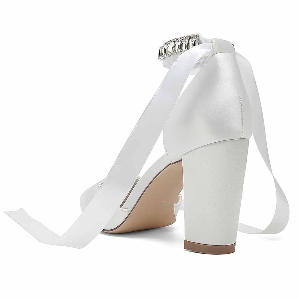 Elegant white wedding chunky heel shoes for women with satin finish and decorative ribbon details