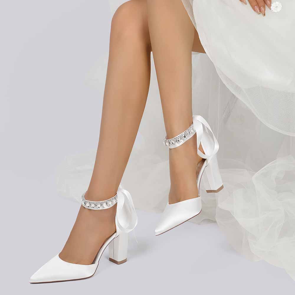 Elegant white wedding chunky heel shoes for women with ankle straps and stylish design