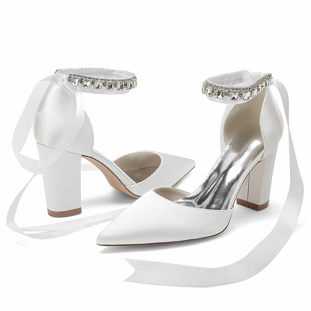 Elegant white wedding chunky heel shoes for women with decorative ankle straps and pointed toes