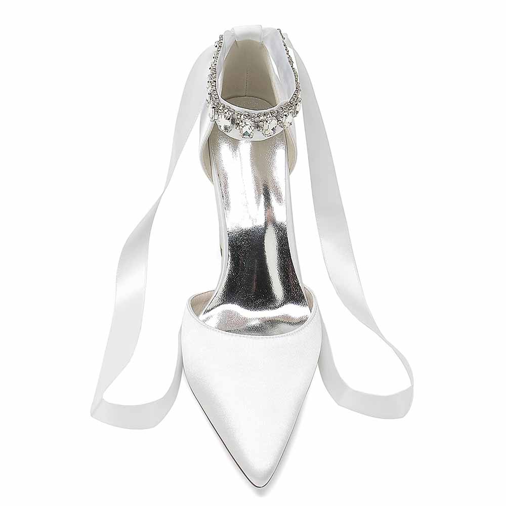 Elegant white wedding chunky heel shoes for women with sparkling embellishments and satin ribbons