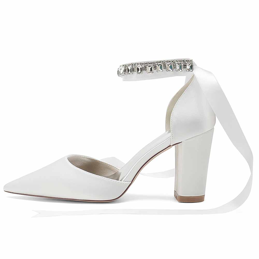 Elegant S&DCo. wedding chunky heel shoes for women with ankle strap and rhinestone detailing