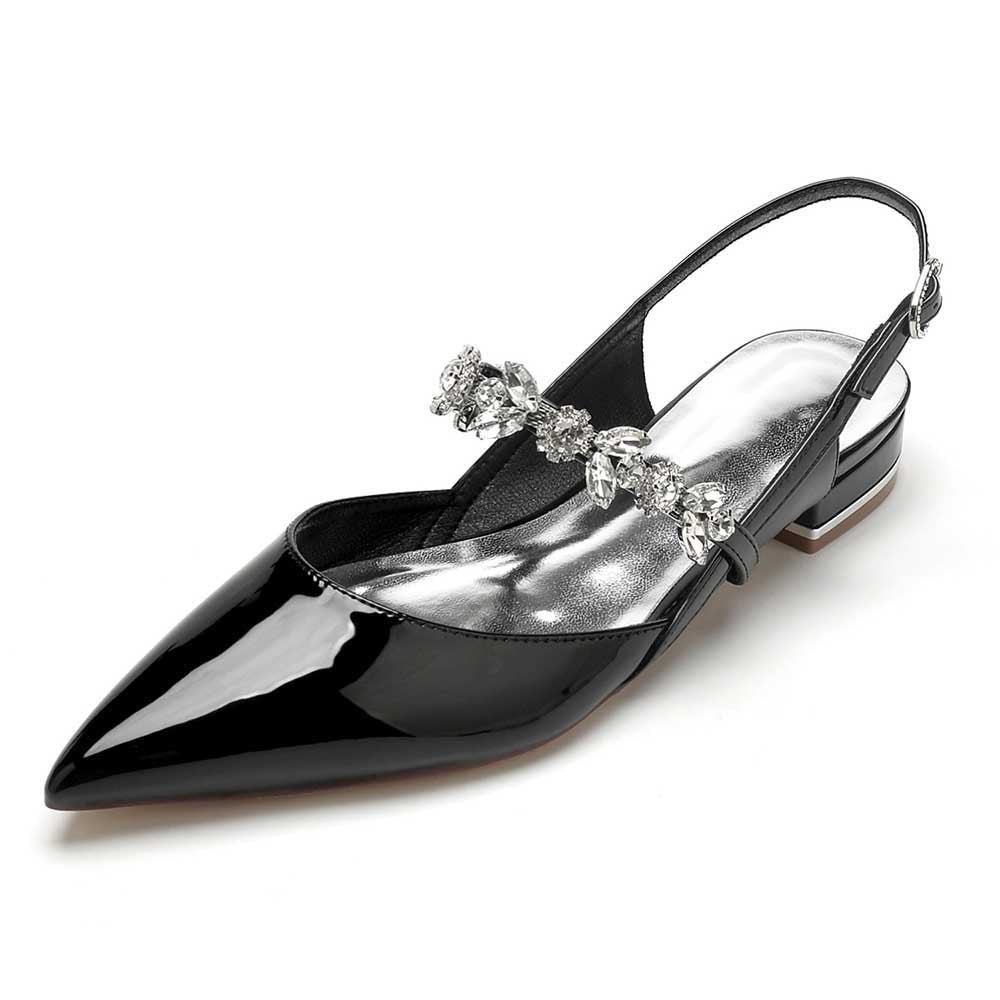 S&DCo. crystal embellished wedding flats in black with a pointed toe and slingback design