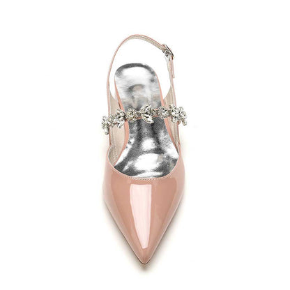 Elegant crystal embellished wedding flats in blush pink with a chic pointed toe design
