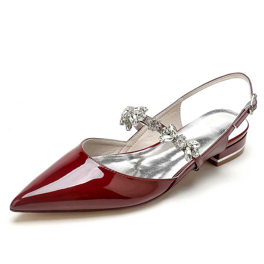 Elegant red crystal embellished wedding flats with a pointed toe and decorative strap