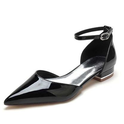 Elegant black S&DCo wedding flats for brides with ankle strap and pointed toe design