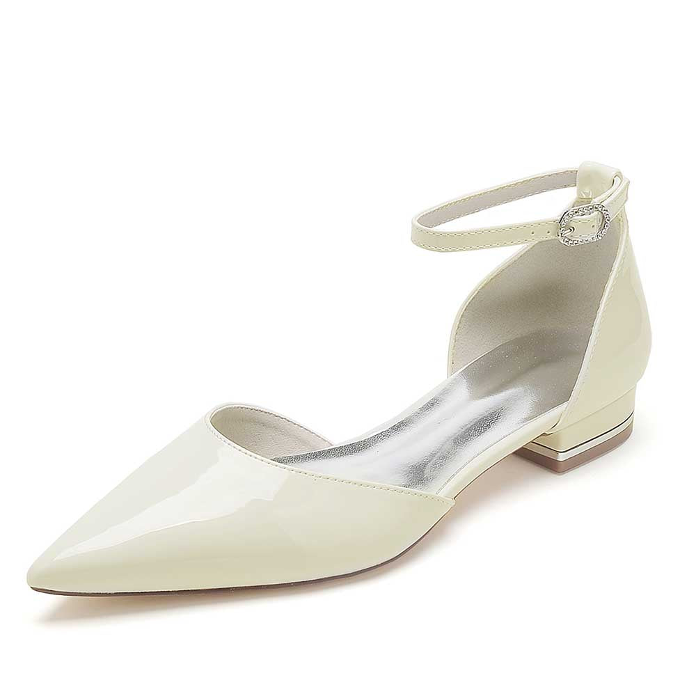 Elegant S&DCo. wedding flats for brides with ankle strap and pointed toe in ivory patent finish