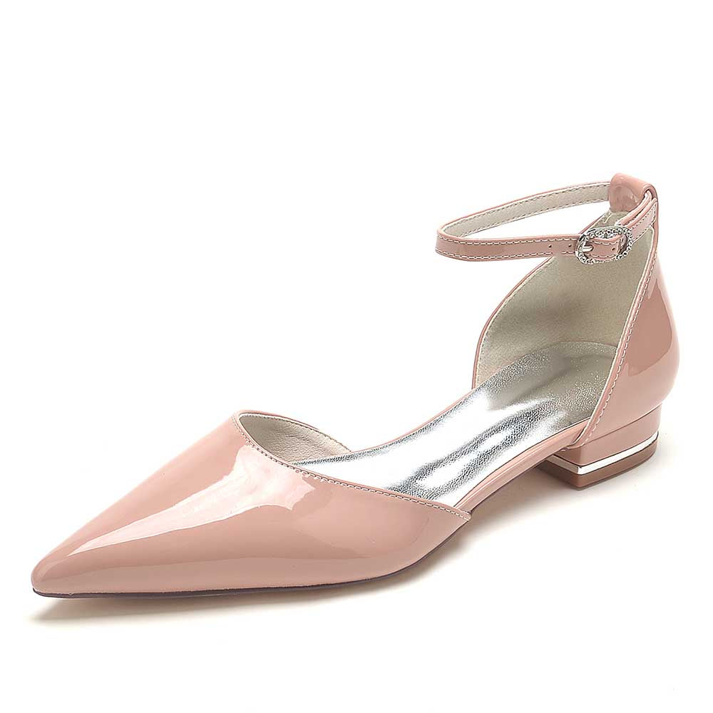 S&DCo. Pink Patent Leather Wedding Flats for Brides with Ankle Strap and Pointed Toe Design