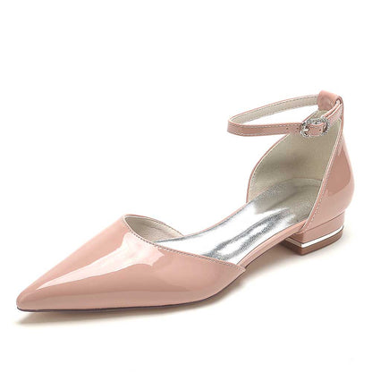 S&DCo. Pink Patent Leather Wedding Flats for Brides with Ankle Strap and Pointed Toe Design