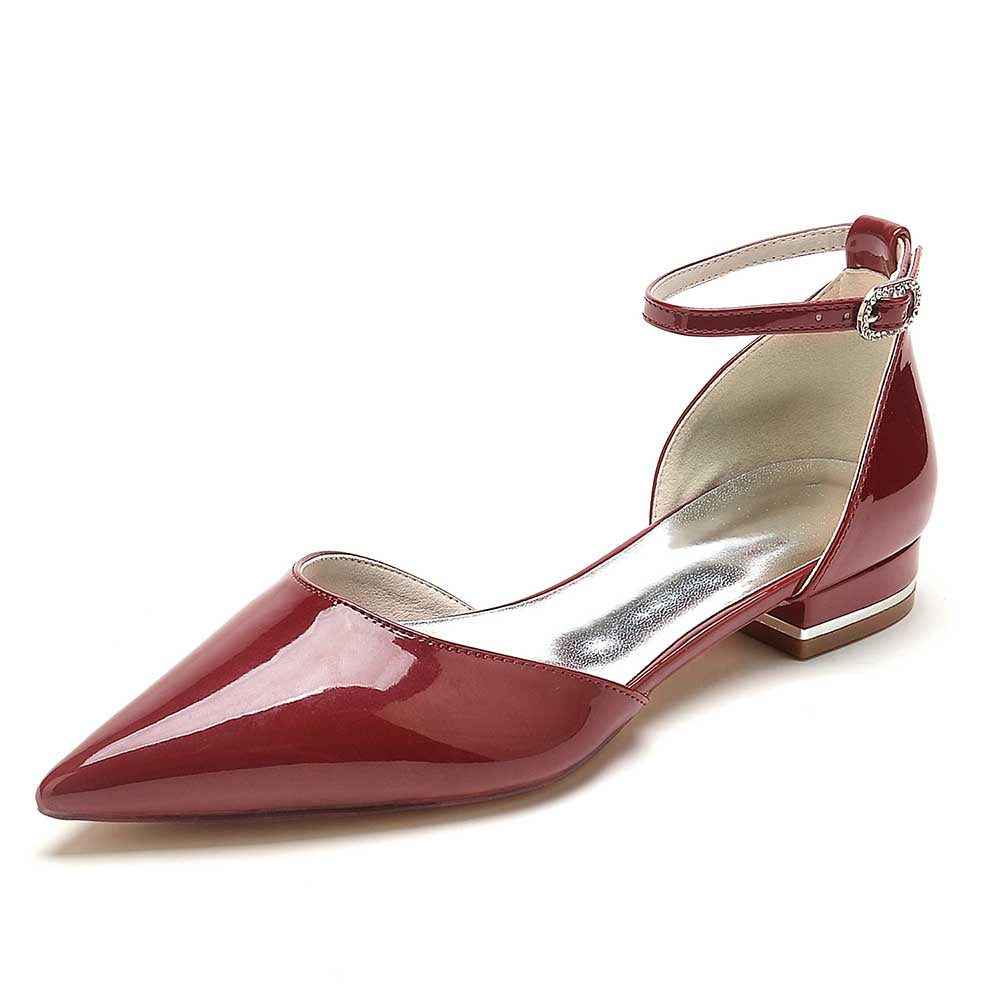 S&DCo. Burgundy Wedding Flats for Brides with Pointed Toe and Ankle Strap Design