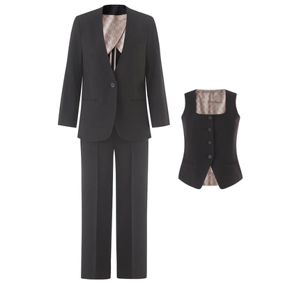Elegant formal women's vest pantsuit wedding in black featuring a tailored blazer and matching trousers