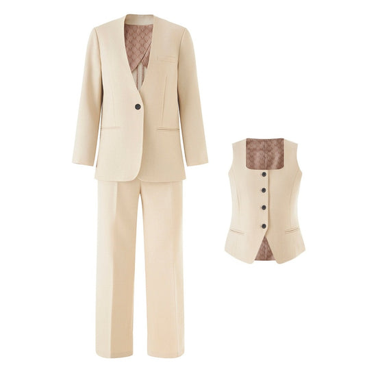 Beige formal women's vest pantsuit wedding set with blazer, vest, and trousers from SD Dresscode & Fashiontrends