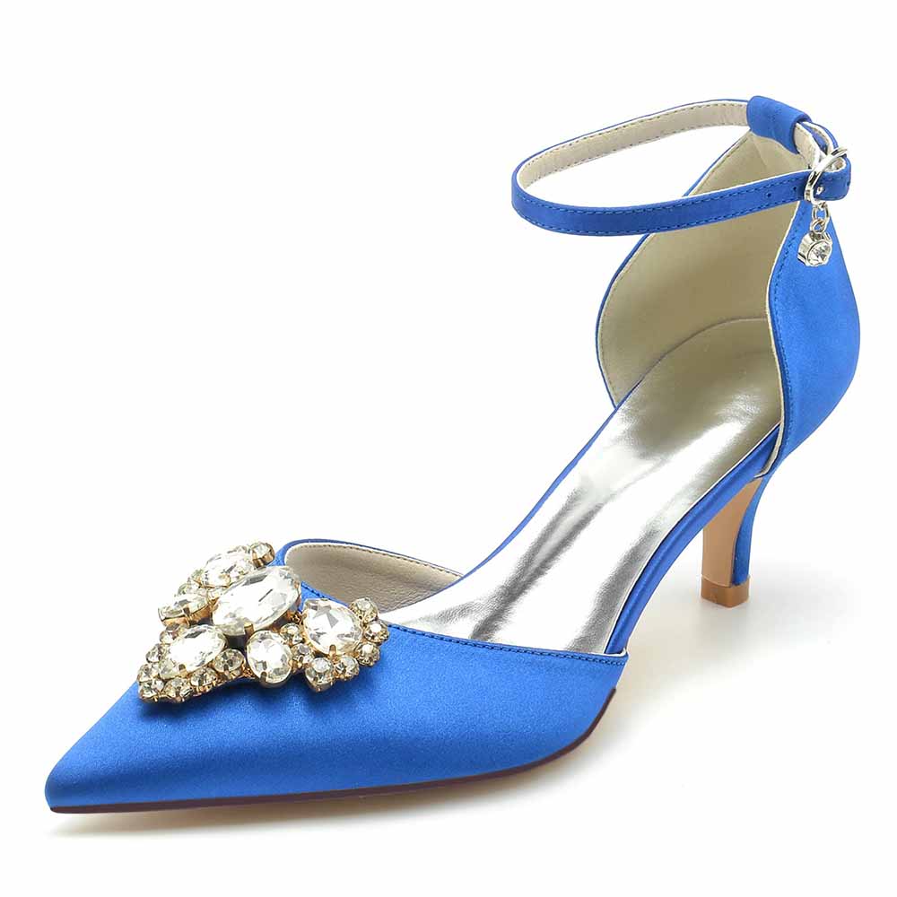 Elegant blue wedding heels for a wedding with a jeweled embellishment and ankle strap