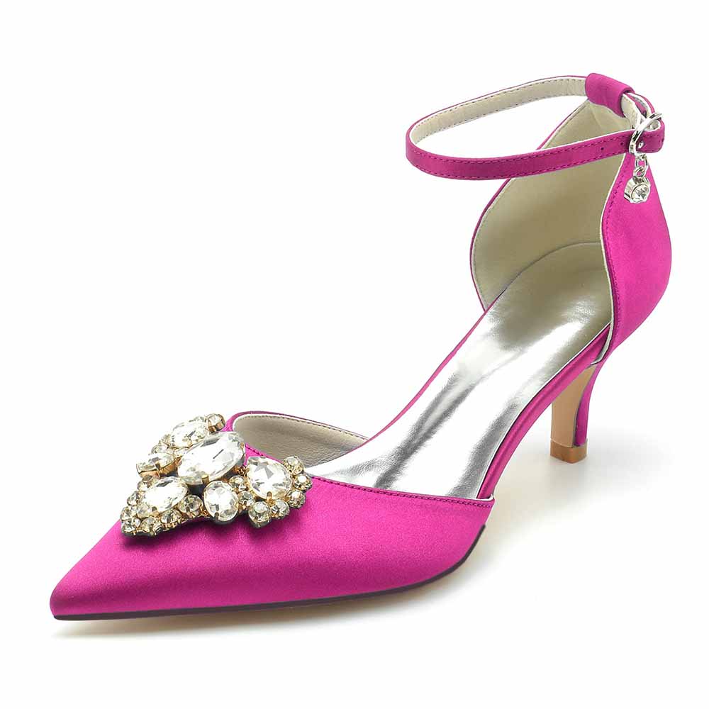 Elegant pink satin heels for a wedding with a decorative rhinestone embellishment