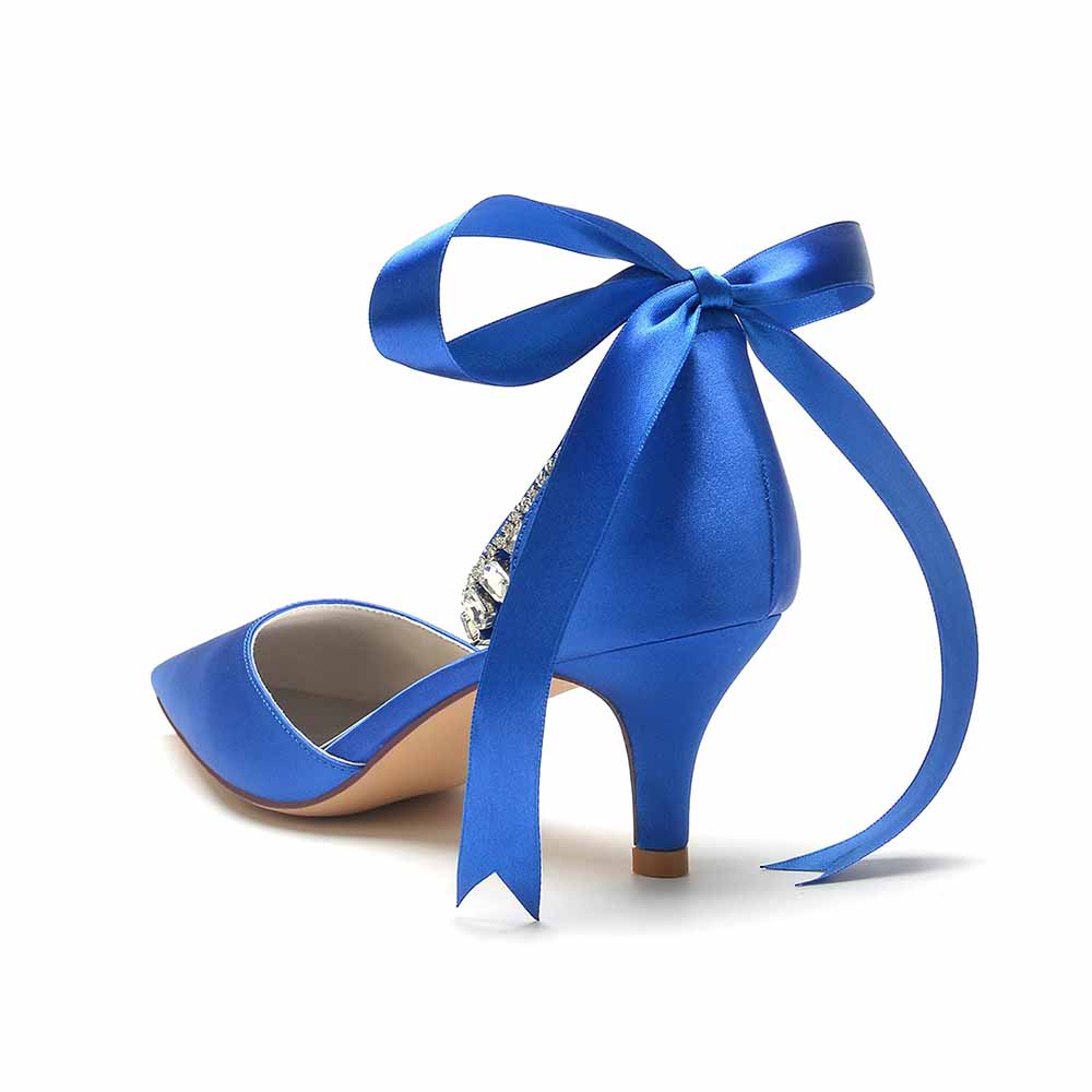 Elegant blue TC wedding heels shoes with a satin finish and stylish bow detail at the back