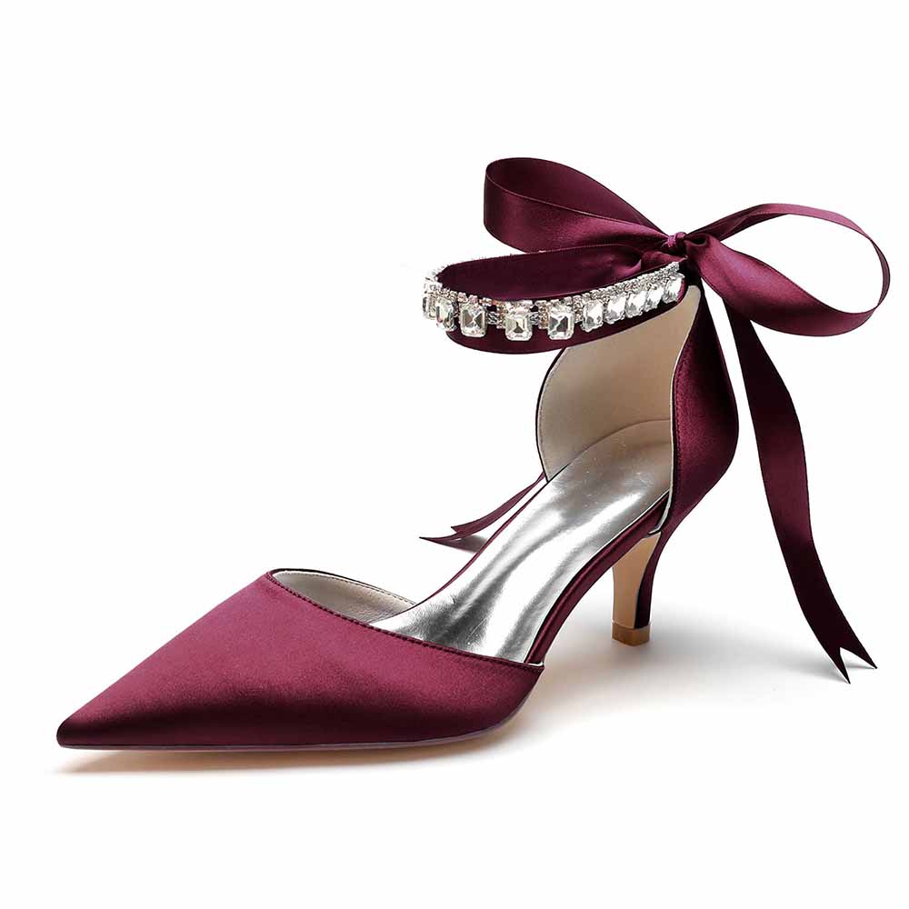 Burgundy wedding heels shoes with a sparkling ankle strap and elegant bow detail