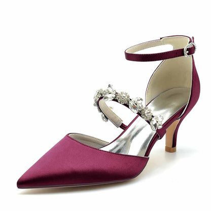 Elegant burgundy wedding heels shoes with embellished ankle strap and pointed toe design
