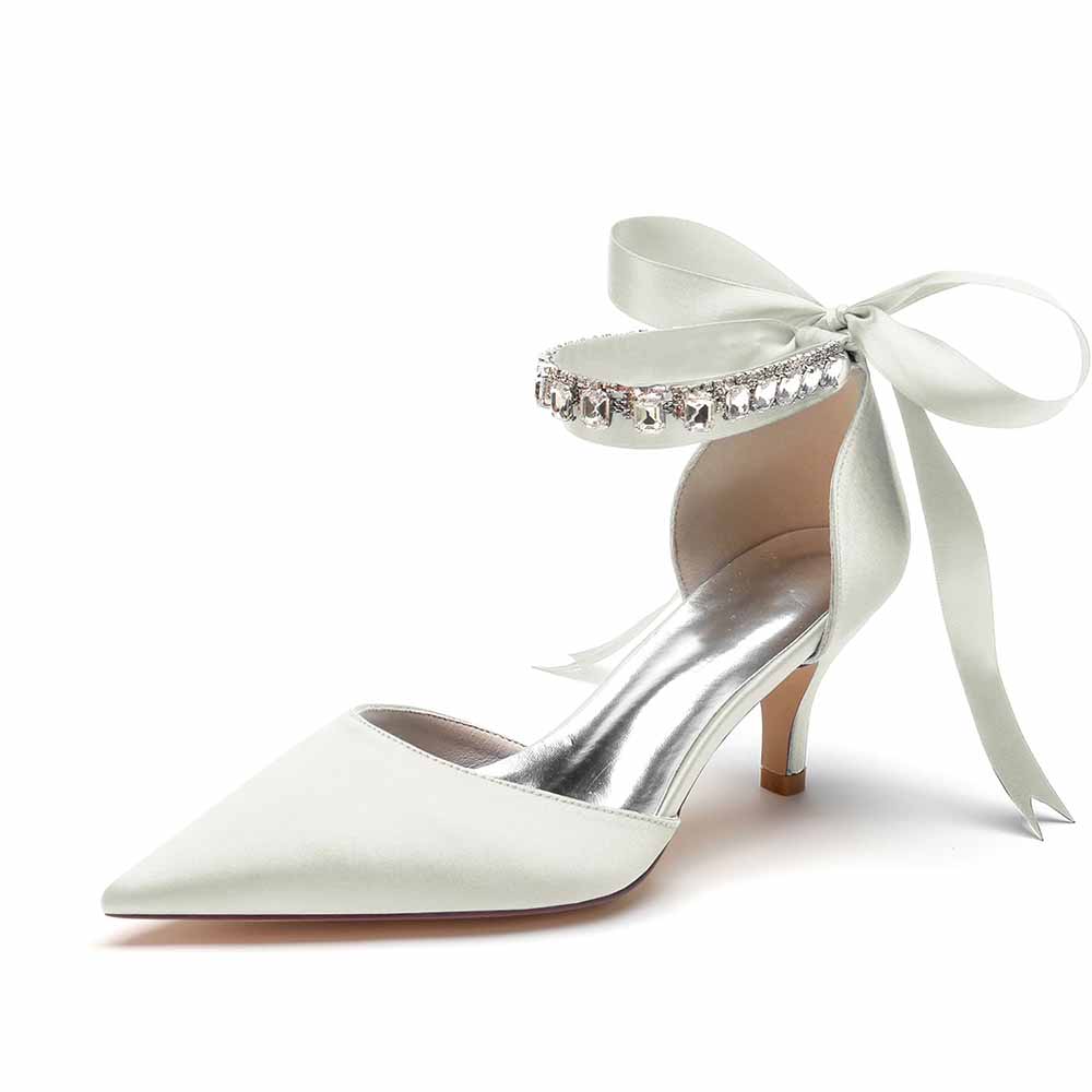 Elegant wedding heels shoes in white with a crystal-embellished ankle strap and pointed toe design