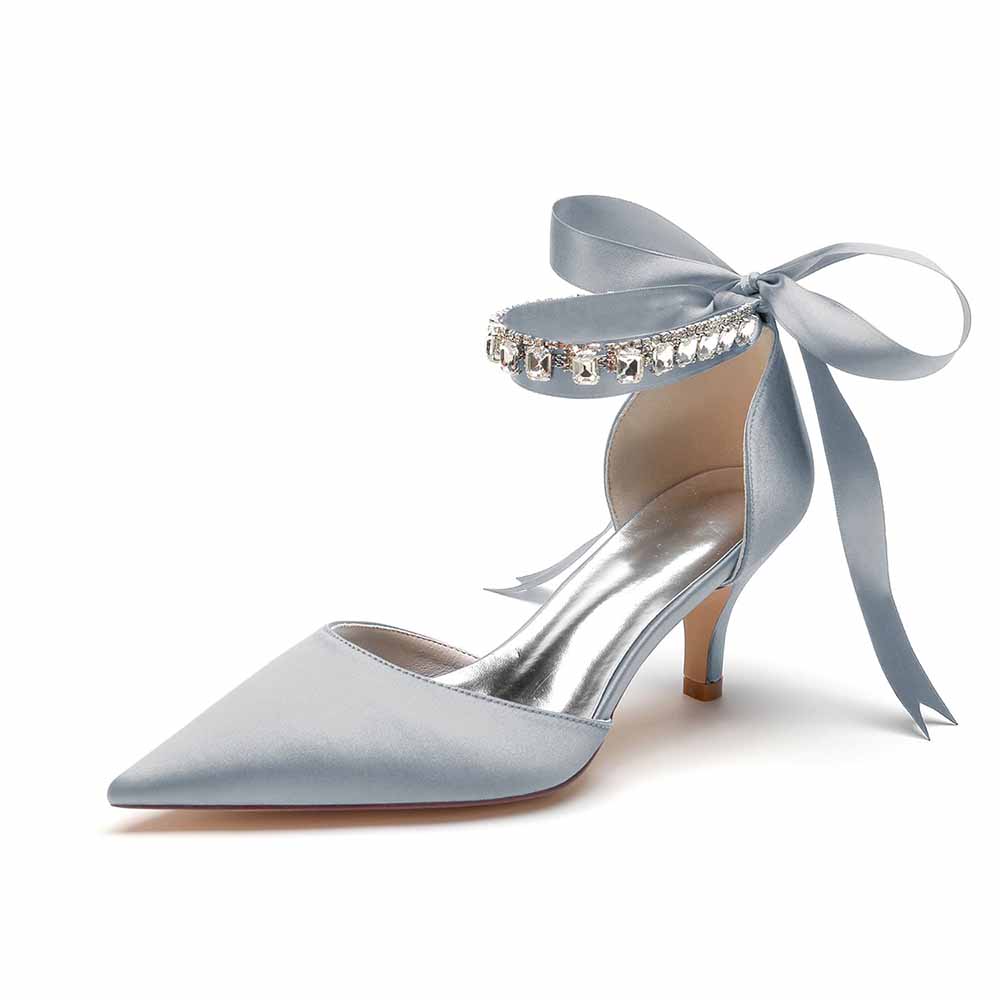 Elegant blue wedding heels shoes with satin finish and jeweled ankle strap for the perfect bridal look