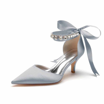 Elegant blue wedding heels shoes with satin finish and jeweled ankle strap for the perfect bridal look