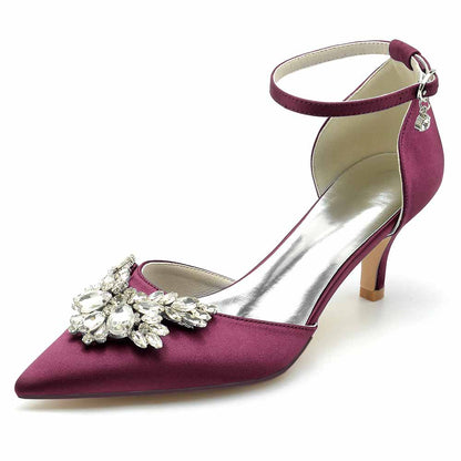 Elegant TC wedding heels shoes in burgundy with a jeweled floral embellishment and ankle strap