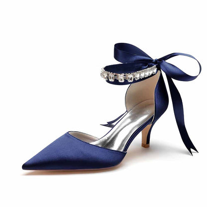 Elegant wedding heels shoes in navy blue satin with crystal ankle strap and ribbon detail