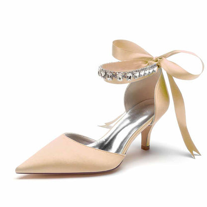 Elegant wedding heels shoes in nude satin with stylish ankle ribbon and embellished detail