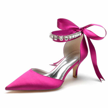 TC Pink Satin Wedding Heels Shoes with Rhinestone Ankle Strap and Elegant Ribbon Tie