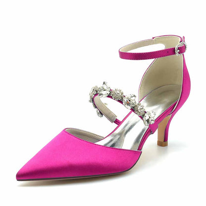 Elegant pink wedding heels shoes with embellished ankle strap and pointed toe design for special occasions