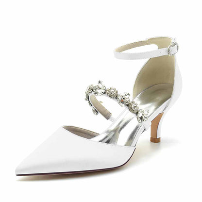 Elegant white wedding heels shoes with rhinestone embellishments and a chic ankle strap