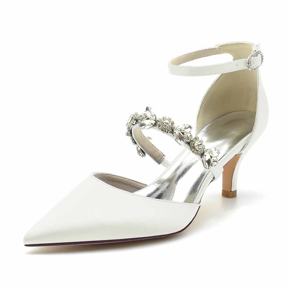 Elegant white wedding heels shoes with embellished straps and a classic pointed toe design