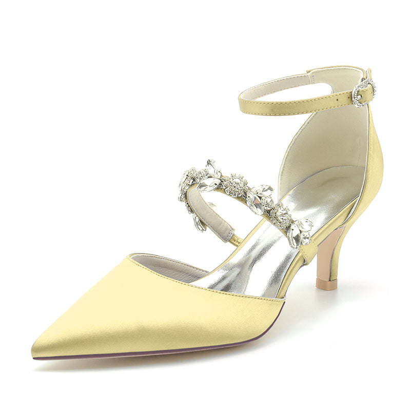 Elegant yellow wedding heels shoes with embellished ankle strap and pointed toe design
