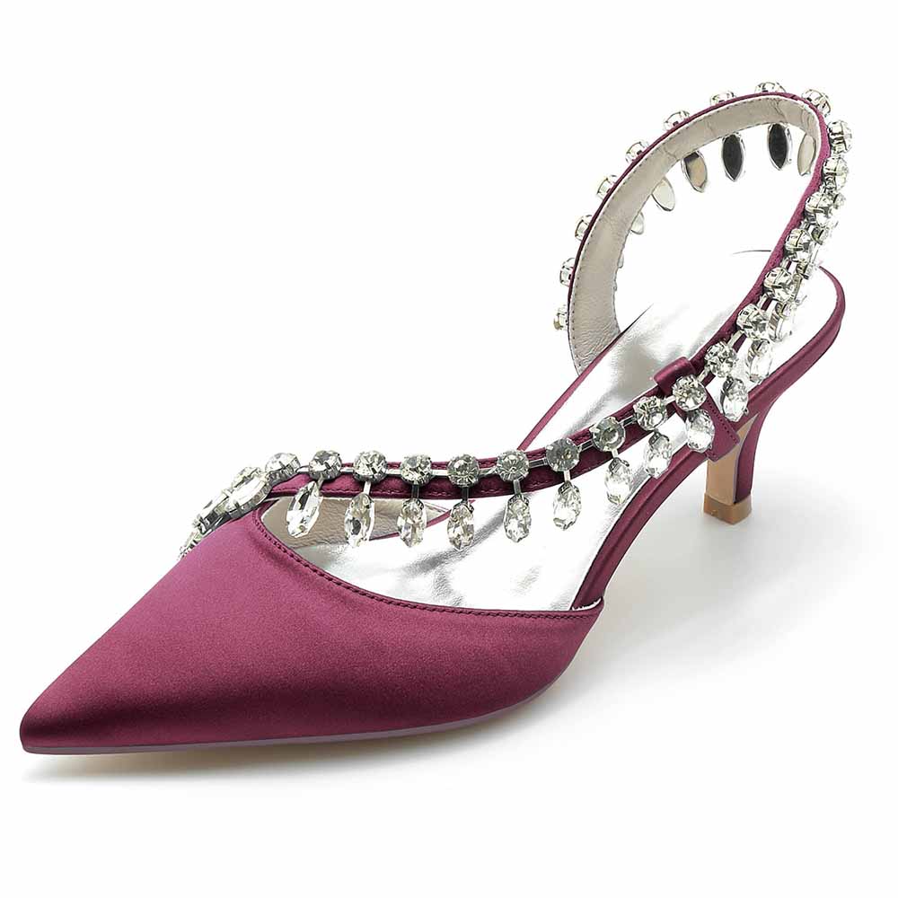 Elegant TC wedding party heels in burgundy satin with sparkling rhinestone embellishments