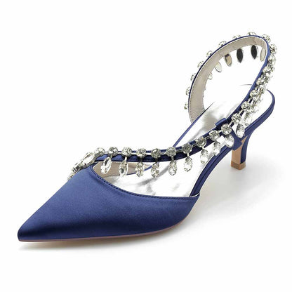 Elegant TC wedding party heels in navy satin with sparkling rhinestone embellishments