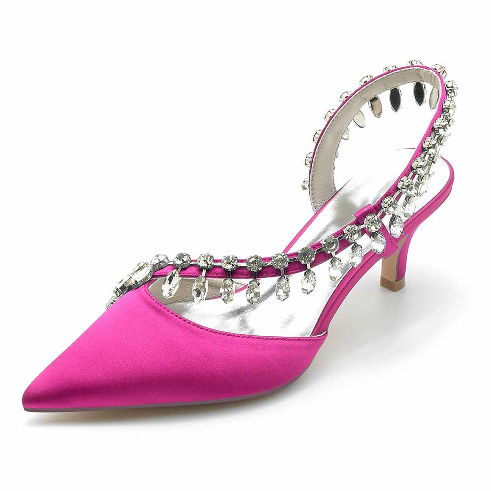 Elegant TC wedding party heels in vibrant pink satin with jeweled embellishments and a stylish slingback design