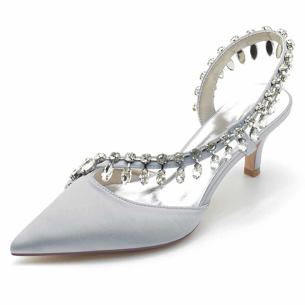 Elegant satin wedding party heels with embellished rhinestone detailing and a sleek pointed toe design