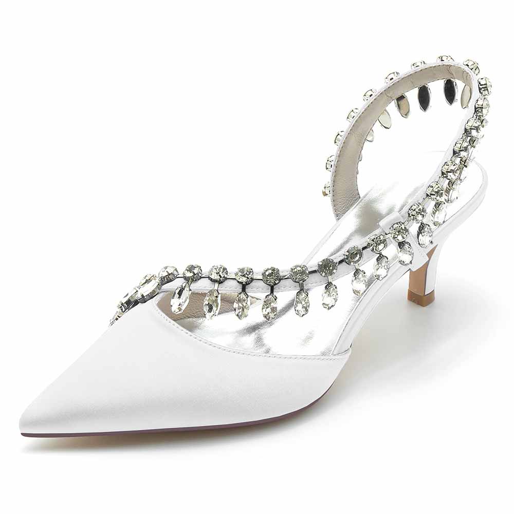 Elegant TC wedding party heels in white satin with sparkling crystal embellishments