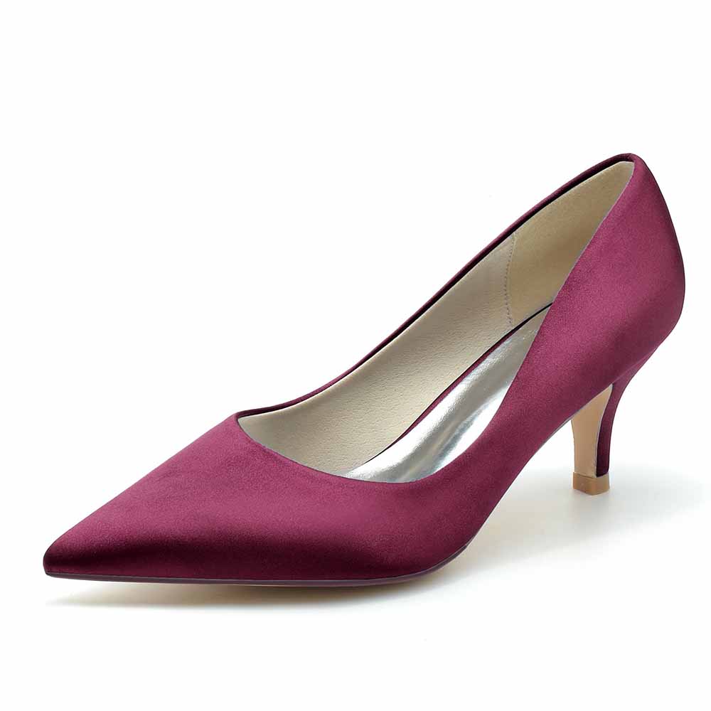 Burgundy satin wedding party shoes women with a sleek pointed toe design and stylish low heel